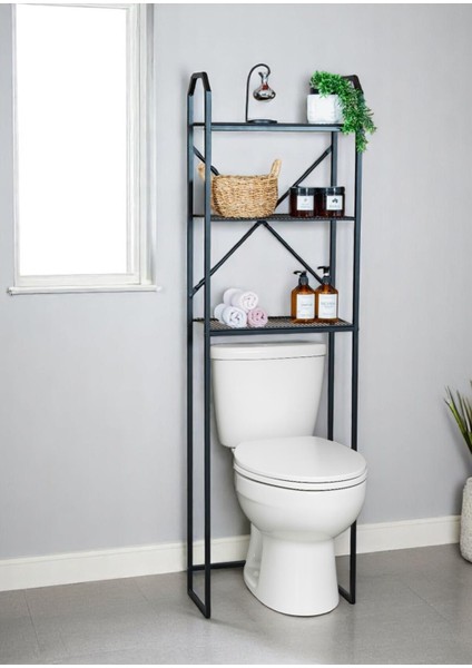 Metal Ayaklı 3 Raflı Banyo Rafı Klozet Üstü Dekoratif Raf Askılık Organizer
