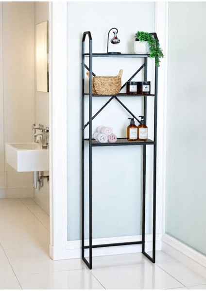 Metal Ayaklı 3 Raflı Banyo Rafı Klozet Üstü Dekoratif Raf Askılık Organizer