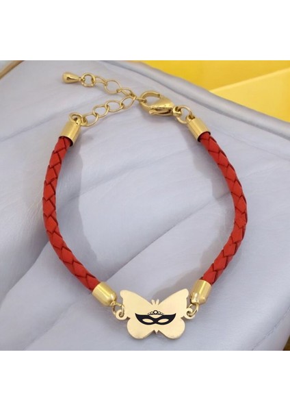 Bal Maske Temalı 14 Ayar Altın Plakalı Turuncu Derili Kelebek Motifli Hediye Bileklik-502 Sembol fiyatları