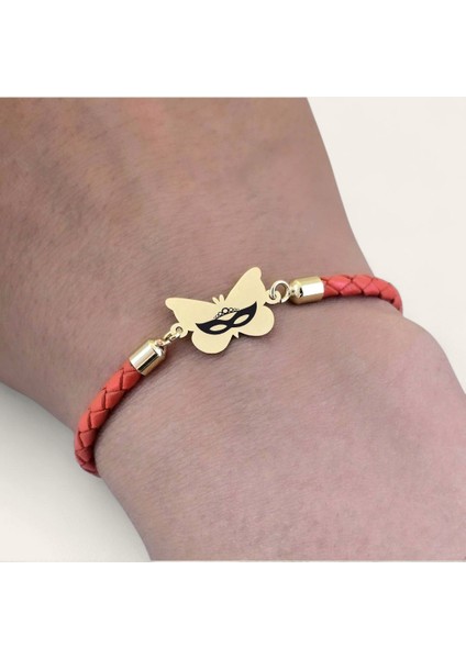 Bal Maske Temalı 14 Ayar Altın Plakalı Turuncu Derili Kelebek Motifli Hediye Bileklik-502 Sembol indirimleri