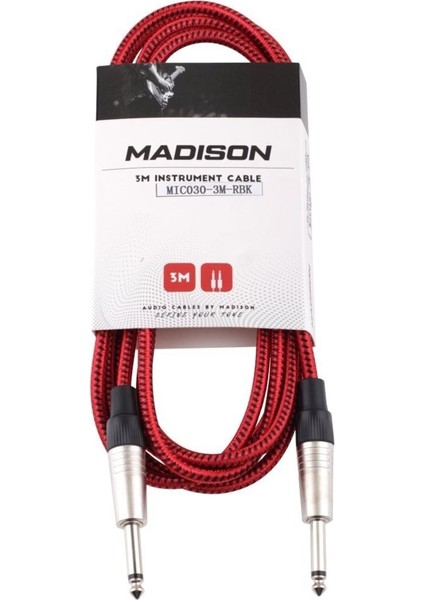 Örgülü Kumaşlı 3 Metre Kırmızı Siyah Çizgili Gitar Kablosu