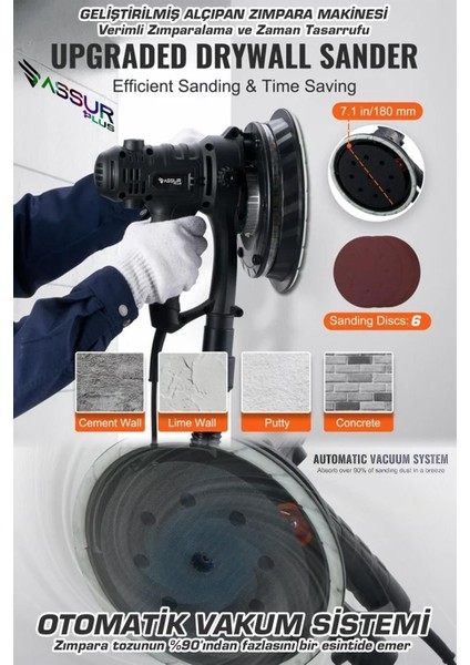 360° Led’li 850W Profesyonel Alçıpan Zımpara Makinesi Toz Emici modelleri