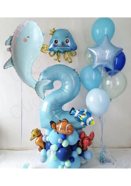 Mavi Okyanus Deniz Canlıları Temalı Yaş Folyolu Doğum Günü Parti Kutlama Seti Süsü