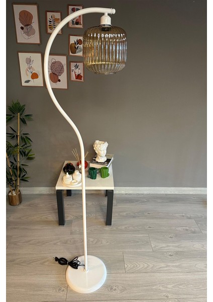 Beyaz Gövde Bal Rengi Cam Dekoratif Metal Zemin Lambası, Oturma ve Çalışma Odası Için Şık