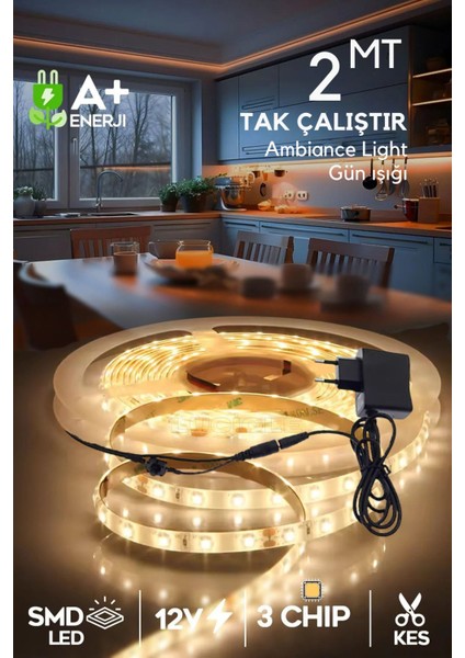2 Metre Şerit LED Gün Işığı, 3 Çipli Pro Ambiyans Aydınlatma, Mutfak ve Salon Için