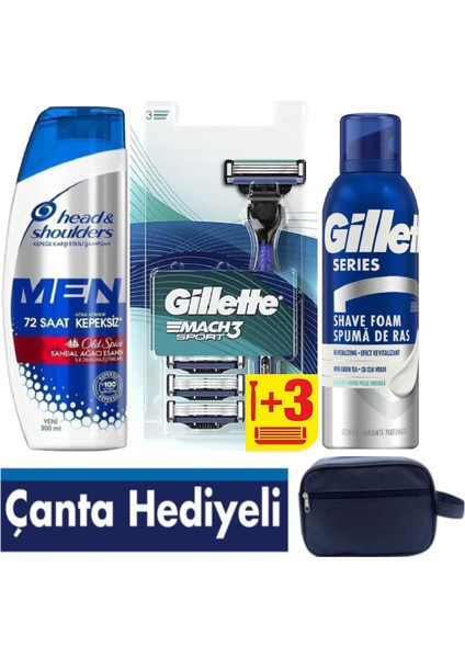 Mach3 Sport 1 Makine+ 3 Yedek Tıraş Bıçağı - 200 ml Köpük - 300 ml Şampuan – Çanta
