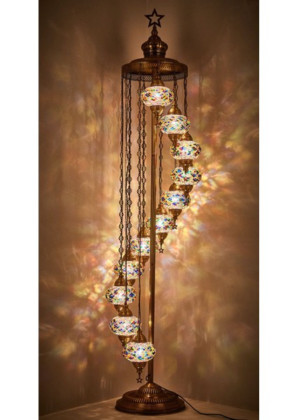 Renkli Cam Mozaik Lambader, El Yapımı, Ayaklı, 11 Cam, 2.1 Metre