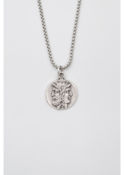 Iki Yüzlü Janus Örme Zincir Kolye - Antik Gümüş Kaplama - Kadın Erkek - 60 cm