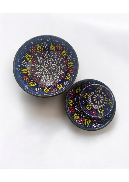 Dekoratif 3 Adet Lacivert Lale Çini Tasarımlı Tamamen El Yapımı Çerezlik-Sosluk-Kahvaltılık