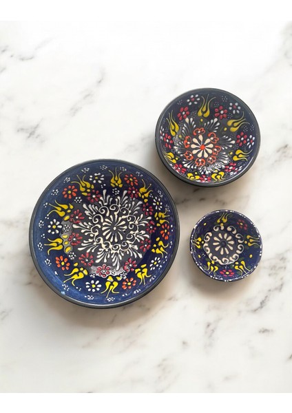 Dekoratif 3 Adet Lacivert Lale Çini Tasarımlı Tamamen El Yapımı Çerezlik-Sosluk-Kahvaltılık fiyatları