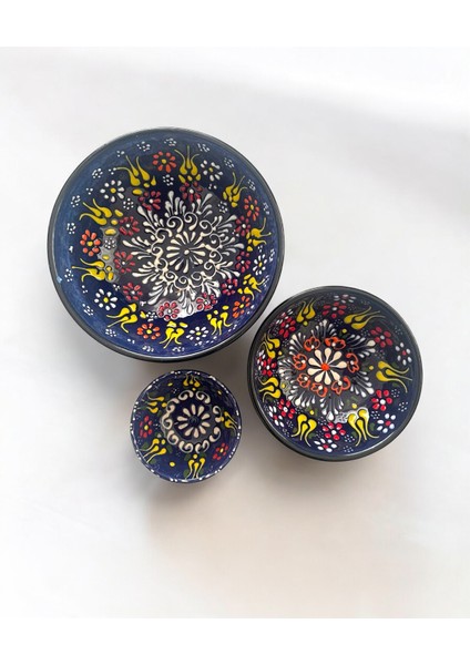 Dekoratif 3 Adet Lacivert Lale Çini Tasarımlı Tamamen El Yapımı Çerezlik-Sosluk-Kahvaltılık modelleri