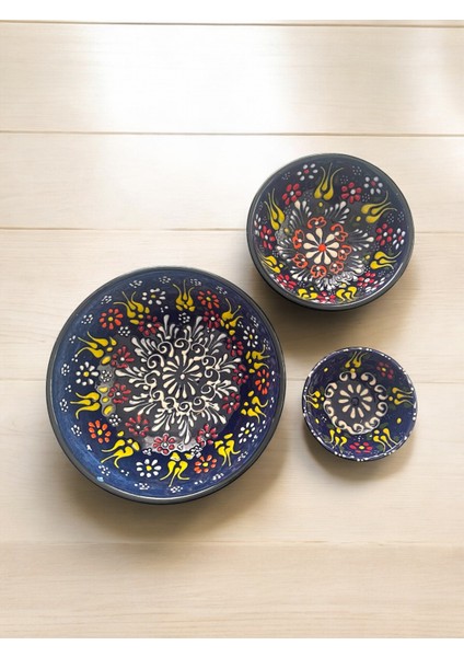 Dekoratif 3 Adet Lacivert Lale Çini Tasarımlı Tamamen El Yapımı Çerezlik-Sosluk-Kahvaltılık fırsatları