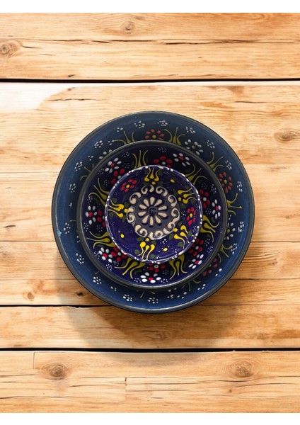 Dekoratif 3 Adet Lacivert Lale Çini Tasarımlı Tamamen El Yapımı Çerezlik-Sosluk-Kahvaltılık indirimleri