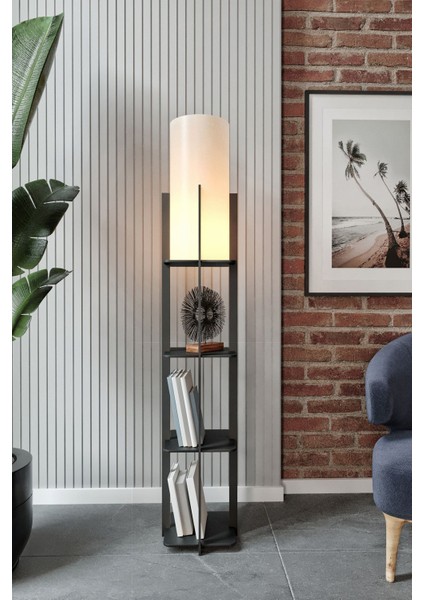 Şık Yuvarlak Raflı Lambader Siyah Krem Bej Modern Aydınlatma