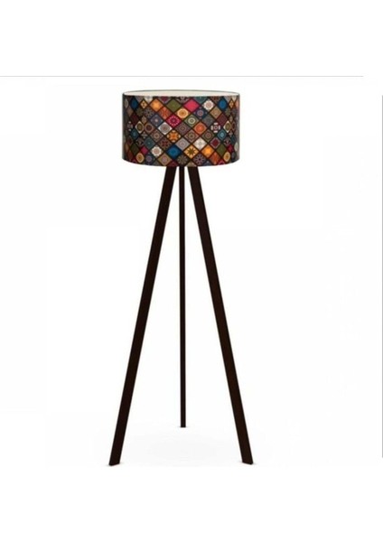 Bej Yuvarlak Kumaş Silindir Başlık Ahşap Üç Ayaklı Lambader