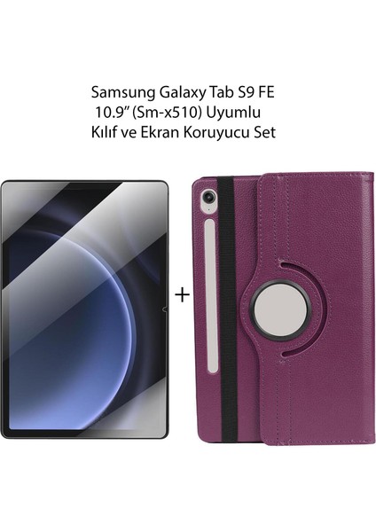 Samsung Galaxy Tab S9 Fe 10.9'' (SM-X510) Uyumlu 360° Dönen Standlı Kılıf ve Ekran Koruyucu Set