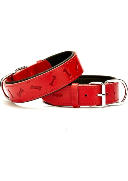 Kemik Desenli Deri Köpek Boyun Tasması 4X47-55CM Kırmızı