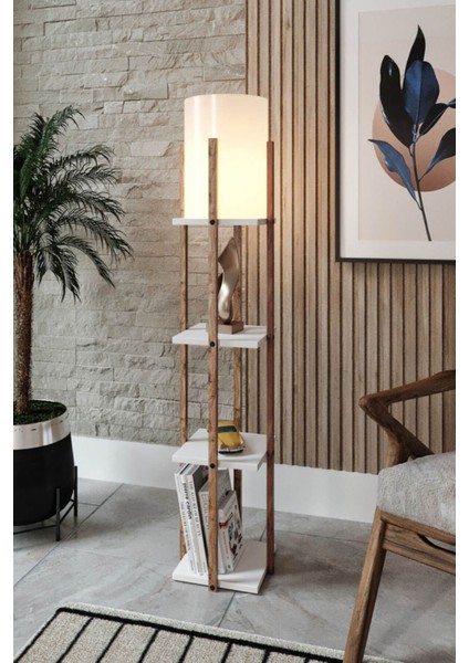 Beyaz Kahve Dekoratif Modern Ahşap 3 Katlı Raflı Sehpa ve Lambader Seti