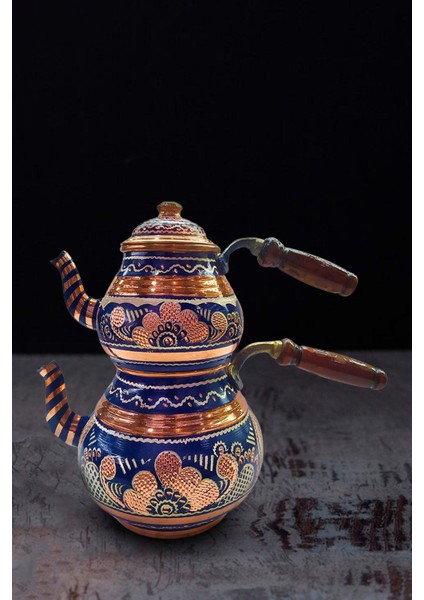 El Işlemeli Mavi Bakır Çaydanlık, Büyük Boy, Şık ve Geleneksel Tasarım