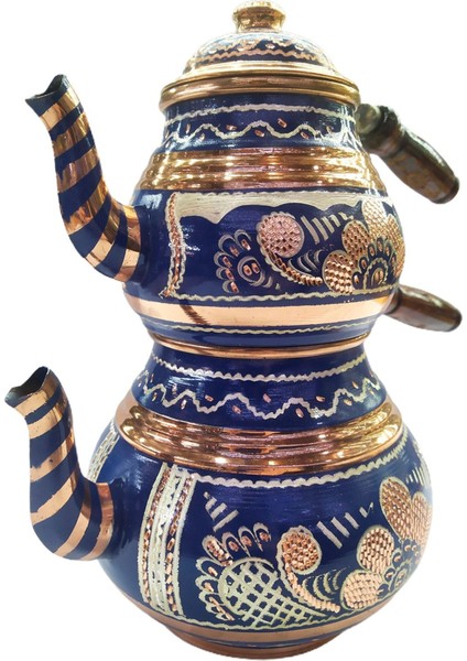 El Işlemeli Mavi Bakır Çaydanlık, Büyük Boy, Şık ve Geleneksel Tasarım fırsatları