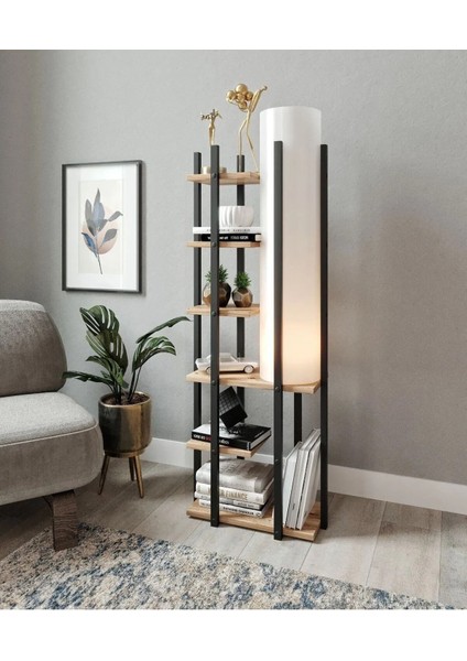 Kahverengi Şık Kitaplıklı Lambader, Modern ve Kullanışlı Tasarım.