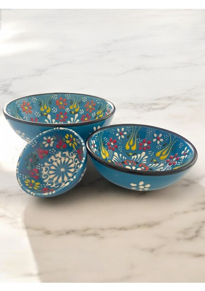 Dekoratif 3 Adet Mavi Lale Çini Tasarımlı Tamamen El Yapımı Çerezlik-Sosluk-Kahvaltılık