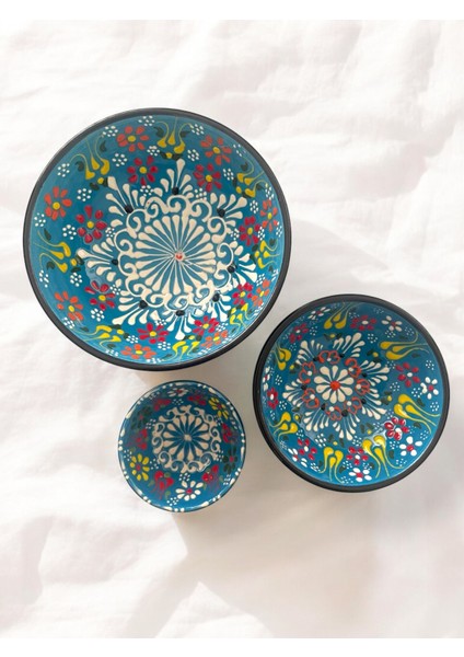 Dekoratif 3 Adet Mavi Lale Çini Tasarımlı Tamamen El Yapımı Çerezlik-Sosluk-Kahvaltılık indirimleri