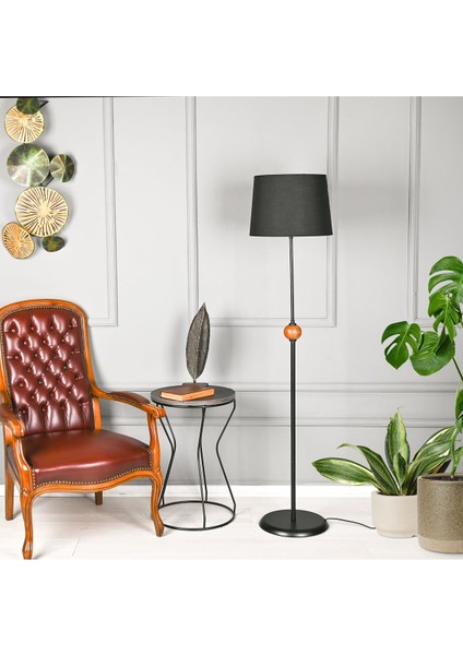 Şık Ahşap Detaylı Metal Lambader, Siyah, 155X37X37 cm