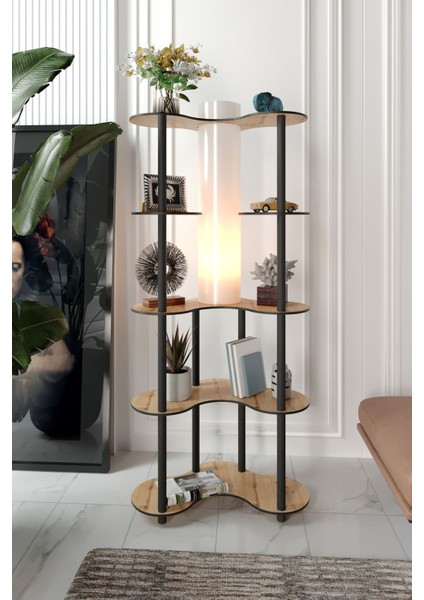 Meşe Renkli Lambader ve Kitaplık Takımı, Şık ve Fonksiyonel Tasarım