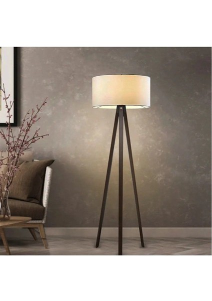 Krem Kumaşlı Yuvarlak Lambader Tripod Ayaklı Modern Dekorasyon Işığı