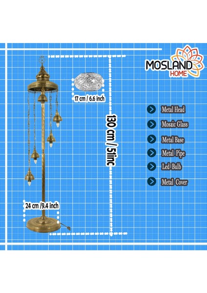 Renkli 5'li Mozaik Lambader, Köşe Aydınlatması, El Yapımı Osmanlı Dekoru