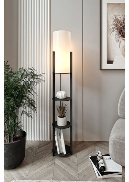 Yuvarlak Ceviz Renkli Raflı Şık Lambader, Sıcak ve Modern Aydınlatma Seçeneği