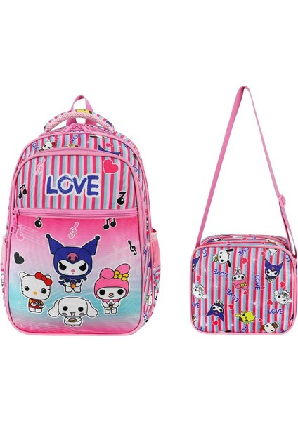 Ilkokul Çantası Kuromi 2'li Set 40*30 cm Beslenme Çantası Ortopedik Sırt Çantası Kız Çocuk