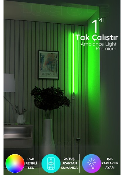 Yeşil Köşe LED Lambader, Uzaktan Kumandalı Renkli Animasyon Işık, Yapışkanlı, Şık Tasarım