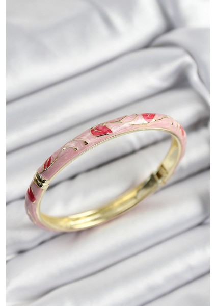 Mineli Pirinç Kırmızı ve Pembe Yaprak Motifli Gold Renk Kadın Kelepçe
