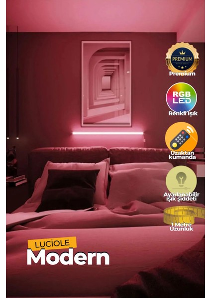 Renkli LED Lambader, 1m Yapışkanlı, Uzaktan Kumandalı, Her Alana Uygun, Pembe Modülü