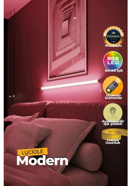 Renkli LED Lambader, 1m Yapışkanlı, Uzaktan Kumandalı, Her Alana Uygun, Pembe Modülü