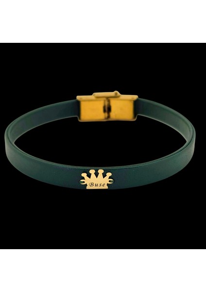 Buse İsmine Özel 14 Ayar Altın Plakalı Doğal Koyu Yeşil Derili Taç Motifli Hediye Bileklik-504 İsim fiyatları