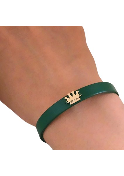 Buse İsmine Özel 14 Ayar Altın Plakalı Doğal Koyu Yeşil Derili Taç Motifli Hediye Bileklik-504 İsim indirimleri