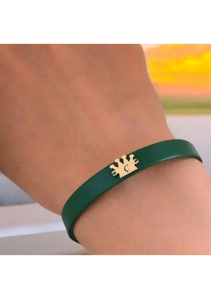 Ç Harfine Özel Doğal Koyu Yeşil Derili Taç Motifli 14 Ayar Altın Plakalı Hediye Bileklik-504 Harf indirimleri