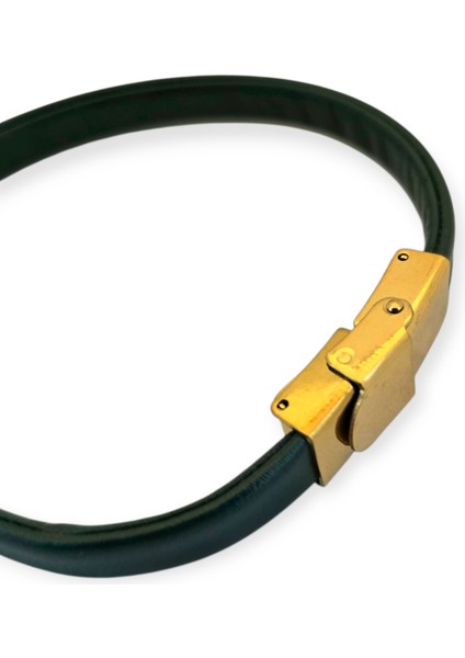 Ç Harfine Özel Doğal Koyu Yeşil Derili Taç Motifli 14 Ayar Altın Plakalı Hediye Bileklik-504 Harf