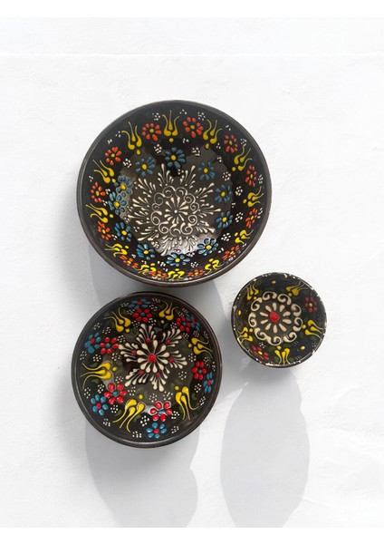 Dekoratif 3 Adet Siyah Lale Çini Tasarımlı Tamamen El Yapımı Çerezlik-Sosluk-Kahvaltılık