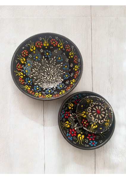 Dekoratif 3 Adet Siyah Lale Çini Tasarımlı Tamamen El Yapımı Çerezlik-Sosluk-Kahvaltılık modelleri