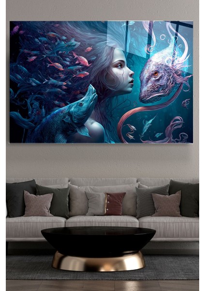 Mermaid And Fishes Cam Tablo, Dekoratif Cam Tablo