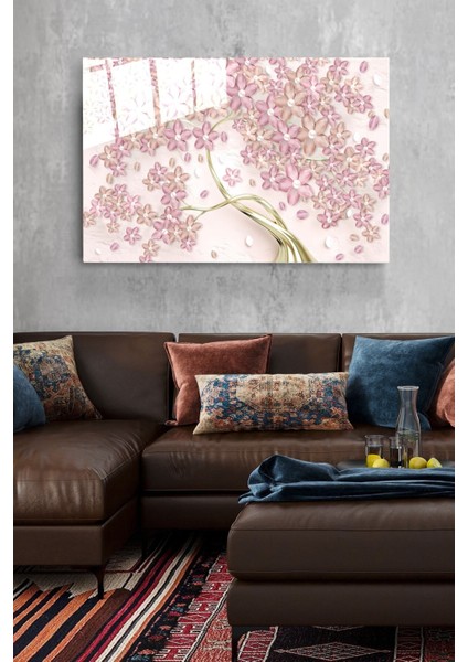 Pembe Çiçekler Cam Tablo, Dekoratif Cam Tablo