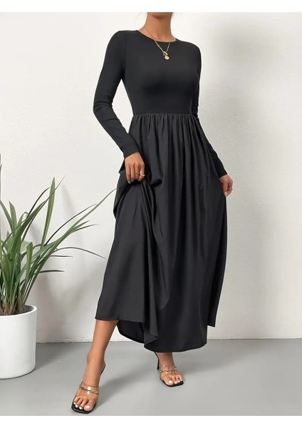 Kadın Uzun Kollu Bisiklet Yaka Uzun Üst Viskon Alt Trikoton Elbise fiyatları