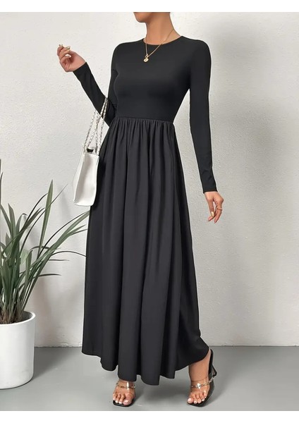 Kadın Uzun Kollu Bisiklet Yaka Uzun Üst Viskon Alt Trikoton Elbise modelleri