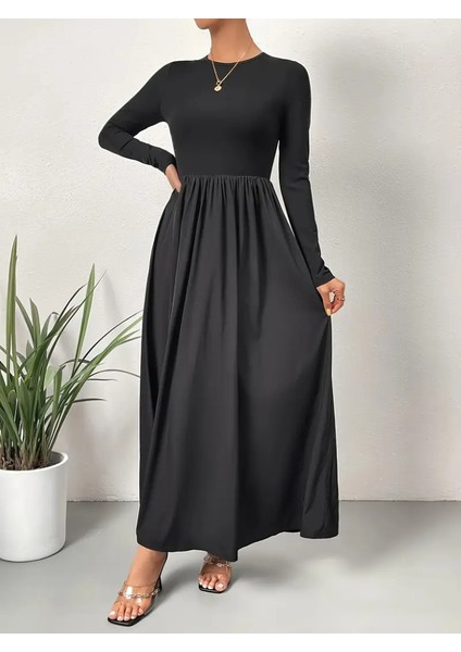 Kadın Uzun Kollu Bisiklet Yaka Uzun Üst Viskon Alt Trikoton Elbise fırsatları