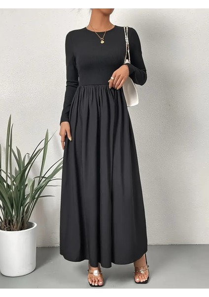 Kadın Uzun Kollu Bisiklet Yaka Uzun Üst Viskon Alt Trikoton Elbise indirimleri