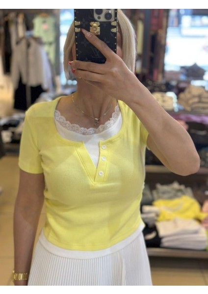 7366 Dantel Yaka Tişört Sarı
